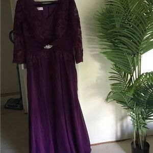 JJs House Plum Lace Long Sleeve Evening Gown with Waist Accent